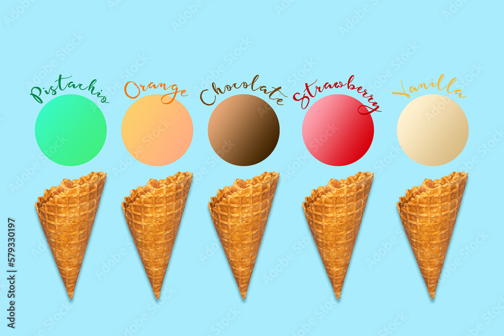 Ice cream cones, and different types of ice cream on a blue background