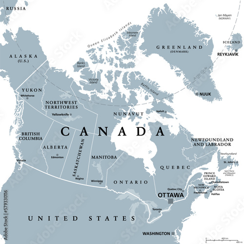 Fotografering Canada, administrative divisions, gray political map