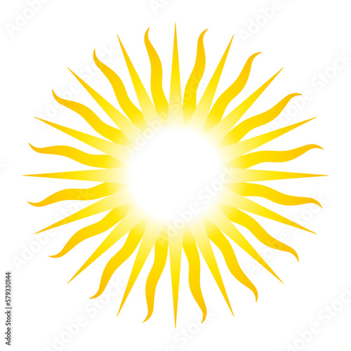 Sun symbol with thirty two rays, analogue to the Sun of May, national emblem of Argentina and Uruguay. Radiant golden yellow solar disk with 16 straight and 16 wavy rays, isolated on white background.