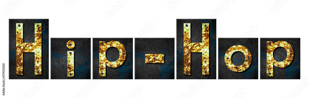 Hip Hop. Words made from rusty iron letters. Isolated on white background. Direction in music. Musical style. Design