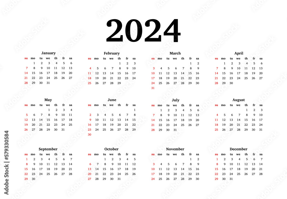 Calendar for 2024 isolated on a white background Calendar for 2024 isolated on a white background