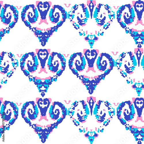 Ethnic Vector Pattern. Bohemian Peacock Print. Geometric Ikat Seamless Design. Abstract Modern Batik. Fashion Retro Art. Vintage Ornament. Rhombus Watercolor Background. Indigo Blue and Red