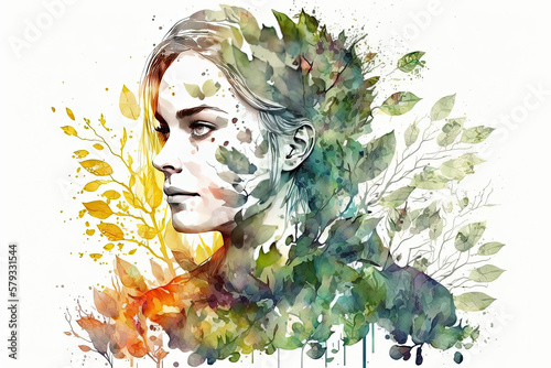 Double exposure portrait woman with a plants and leaves. Colorful creative illustration. Generative AI