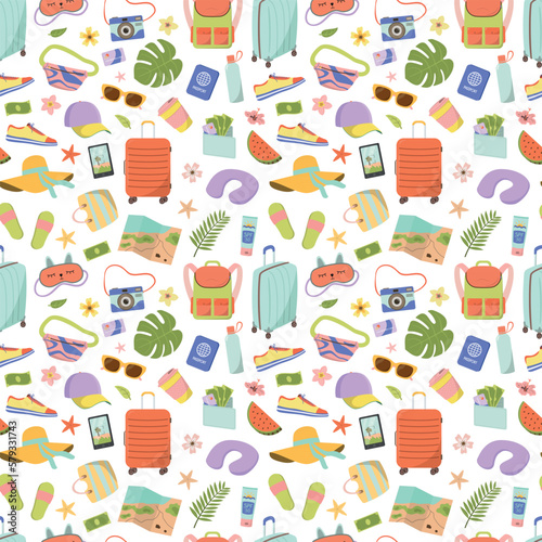 Seamless pattern with touristic items. Suitcases, passport, backpack, tropical leaves and map. Travel and tourism flat vector illustration. Isolated on white background.