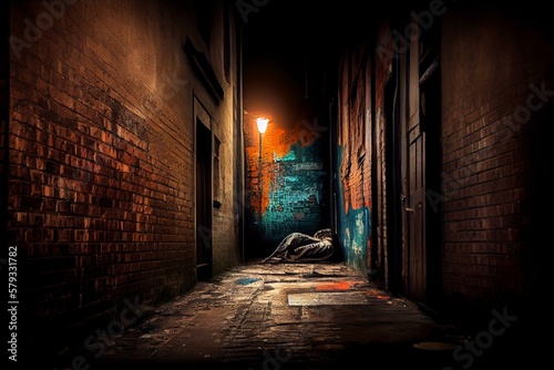 A dark alley with a person sleeping against a brick wall, with graffiti in the background.. Generative AI © Denis Yevtekhov