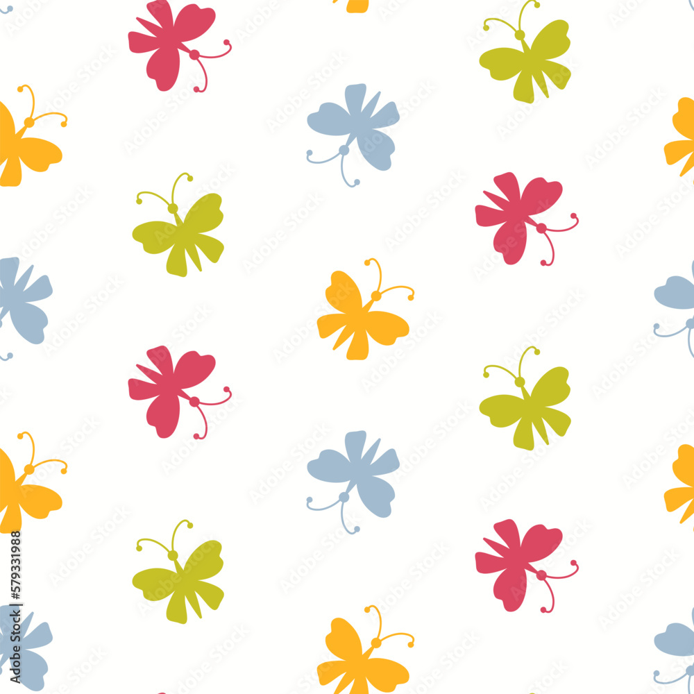 Obraz premium Seamless pattern of hand drawn colourful butterflies on isolated background. Design for mothers day, springtime, summertime, love and wedding celebration, scrapbooking, textile, home or nursery decor.