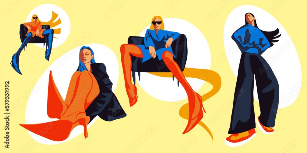 A set of stylish fashionista girls in bright colors. Fashionable different girls in different poses. Juicy modern woman in stylish clothes with elongated body parts. An inverted perspective.