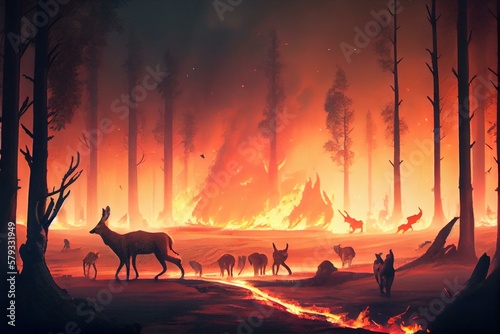 Fotografija A forest fire caused by human activity, with animals fleeing in the foreground