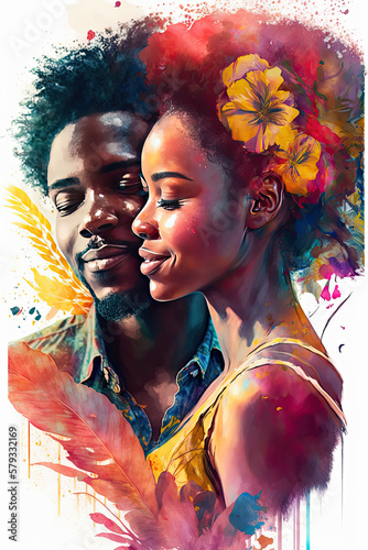 Happy young afro-american couple at bright sunny day. Illustration, watercolor, vivid colors. Vertical, close up. Love, honeymoon or Valentines day concept. Generative AI