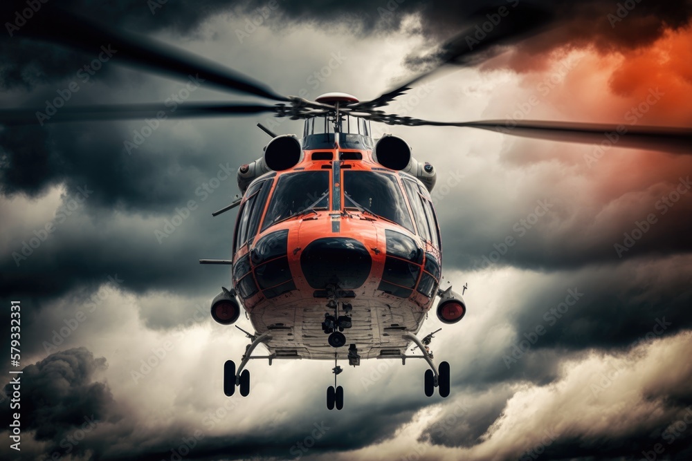 Image of a helicopter in close up against a cloudy sky. Sky with clouds and a rescue helicopter. Generative AI