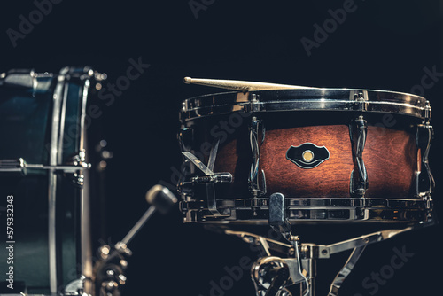Close-up, snare drum on a dark background isolated.