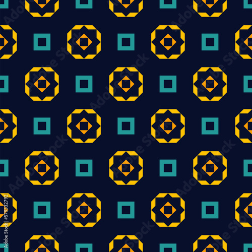 Vector geometric floral ornament in modern ethnic style. Abstract seamless pattern with simple shapes, flower silhouettes, squares. Background in yellow, turquoise and black color. Repeat geo design