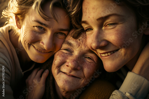 Mother's Day | photogenic mother with her mature daughters, embracing in tight hug. camera is placed at eye level, capturing intricate details of family's faces dimples, wrinkles, and freckles. Ai.