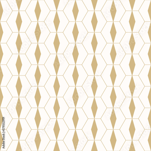 Abstract geometric hexagonal seamless pattern. Golden vector background with linear grid, lattice, hexagons, diamonds. Simple minimal gold and white ornament texture. Modern luxury repeat geo design