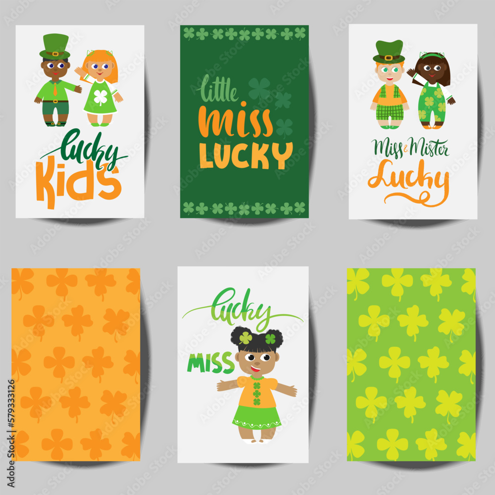 Funny green and orange kids cards for ST.Patrick Day with lettering and cute doodles. Little Miss and Mister Lucky poster for Irish party. Cute clover cards invitation.