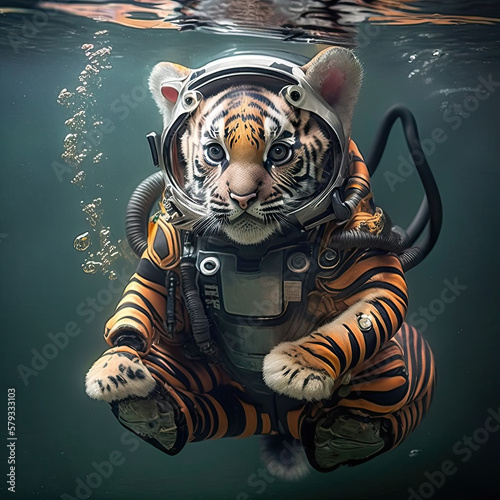 Small cute tiger swiming under the water wearing a diving suit. Generative AI