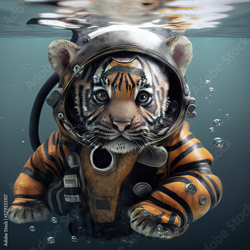 Small cute tiger swiming under the water wearing a diving suit. Generative AI