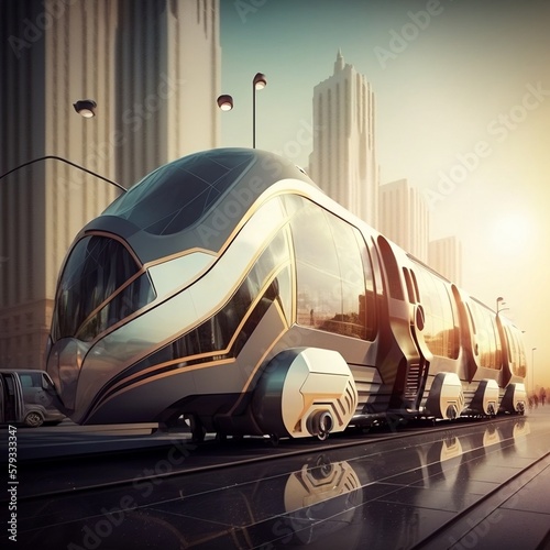 Illustration of Future of Urban Mobility. Futuristic Trams, Metro, and Subways in a Cityscape © Happymoon