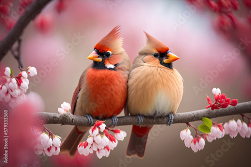 Couple of romantic cardinal birds on a branch. Love concept. Generative AI photo