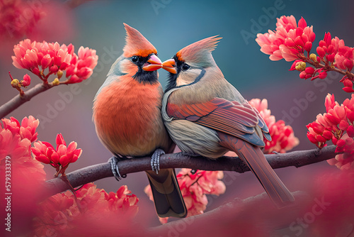 Canvastavla Couple of romantic cardinal birds on a branch