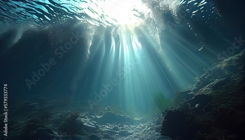 summer time under sea ocean in clean and clear water with ray of sunlight from surface for background concept design. Generative Ai