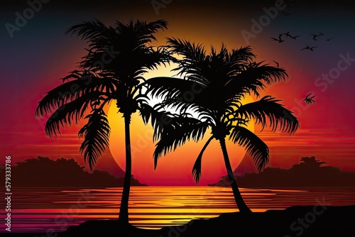 Sunset silhouette of two palm trees on a tropical beach. Generative AI