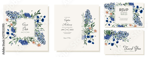 Square modern rustic wedding invitations and cards with wildflowers. Vector template