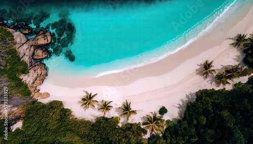 Aerial Drone Photo of waves crashing on the beach. Top view aerial drone shot of beautiful white sand beach with green coconut trees and crystal clear sea water in summer. Generative Ai