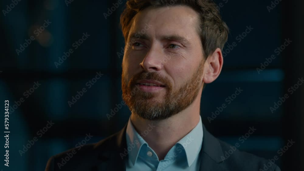Close-up portrait man 40s middle-aged Caucasian businessman thoughtful pensive worker employer looking distance planning idea thinking plan in evening office contemplate deep thought dreaming indoors