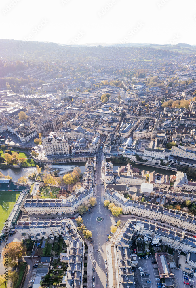 Amazing beautiful aerial view near the Laura Place Fountain, the Bath Spa, Famous tourist location of England, Great British