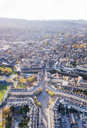 Amazing beautiful aerial view near the Laura Place Fountain, the Bath Spa, Famous tourist location of England, Great British