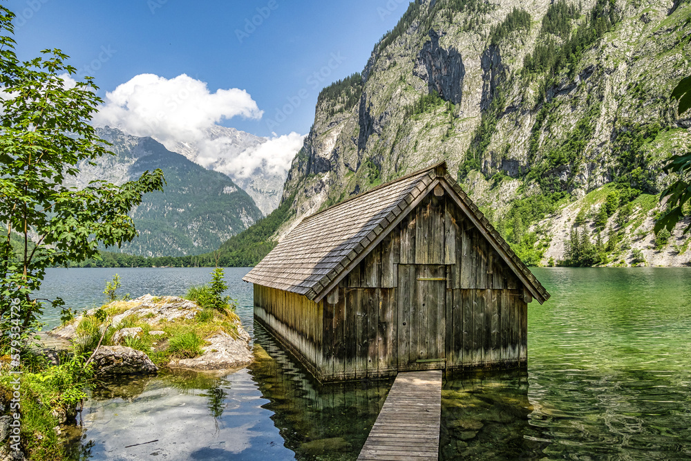 Boathouse at Obersee Lake behind the Watzmann massif, Salet at Koenigssee, Berchtesgaden National Park, Germany