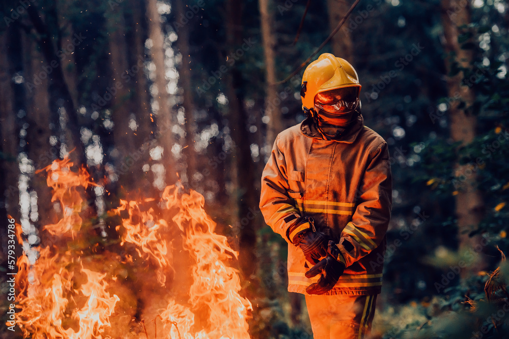 Firefighter at job. Firefighter in dangerous forest areas surrounded by strong fire. Concept of the work of the fire service