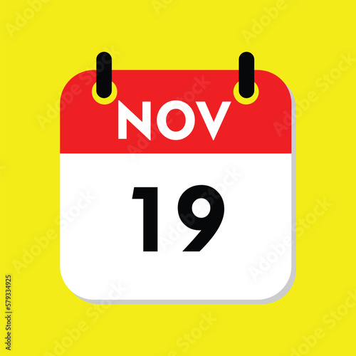 new calendar, 19 November icon with yellow background, calender icon