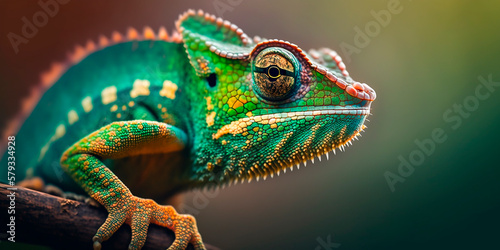 Green chameleon with textured skin close-up, blurred tropical background. Multi-colored skin of a chameleon in nature. Generative AI. photo