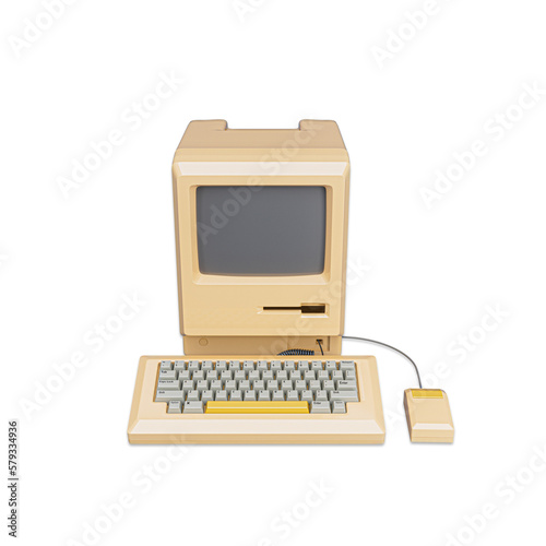 World's first Apple Macintosh computer. Old vintage desktop Macintosh 128K computer with mouse and keyboard in 1984. Retro technology. 3D Rendered Illustration.