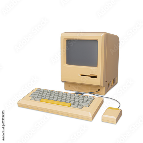 World's first Apple Macintosh computer. Old vintage desktop Macintosh 128K computer with mouse and keyboard in 1984. Retro technology. 3D Rendered Illustration.