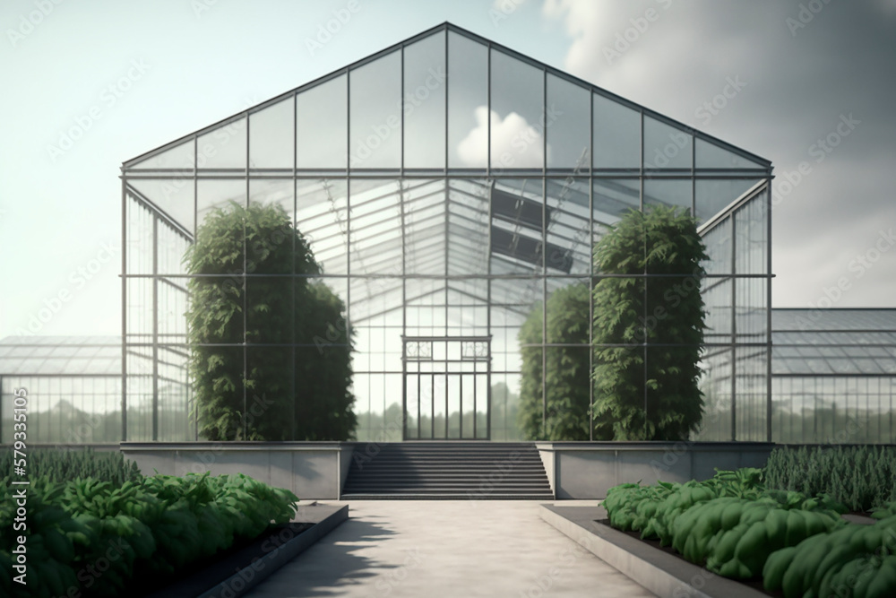 A large farm with a greenhouse for growing fresh vegetables and herbs with care for nature, a technological business farm with modern technologies. Generative AI. A large farm with a greenhouse for growing fresh vegetables and herbs with care for nature, a technological business farm with modern technologies. Generative AI.