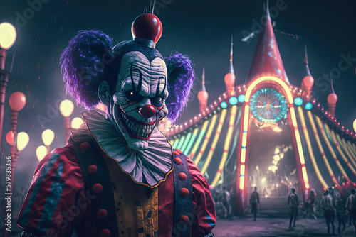 Creepy clown in amusement park. Halloween concept. Generative ai