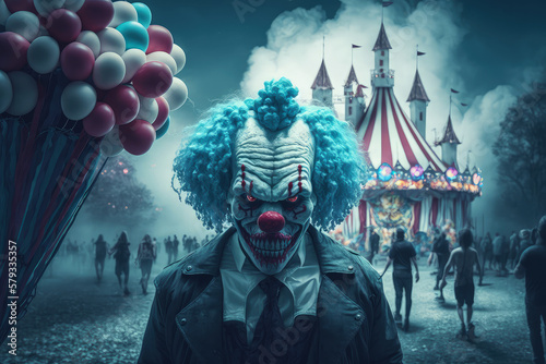 Creepy clown in amusement park. Halloween concept. Generative ai
