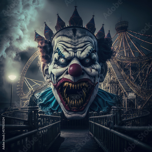 Creepy clown in amusement park. Halloween concept. Generative ai