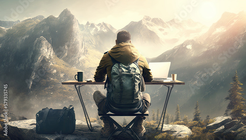 Freelancer sits at table and works with laptop, beautiful outdoor nature landscape with mountains background, work online in travel concept. Man freelancer works on nature outdoor, generative AI photo