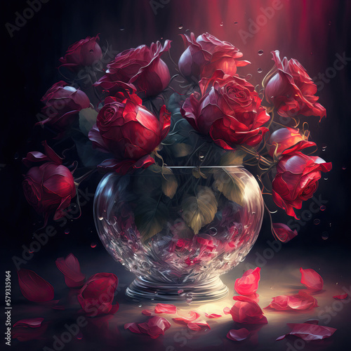 Bouquet of red roses in a crystal vase