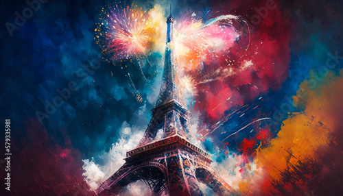 Abstract painting concept of Colorful art of the Eiffel Tower at night. Stunning fireworks. Generative AI. 