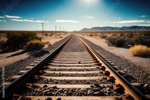 Desert along a railroad on an summer afternoon. Generative AI.