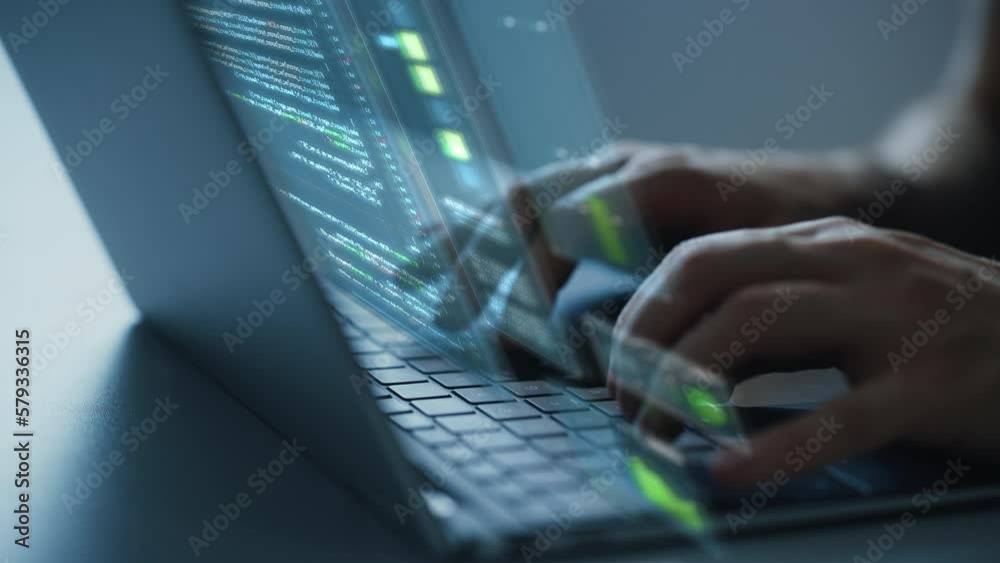 Software Programmer Working on Computer, Engineering Neural Network, Creating Machine Learning App, Doing Big Data Analysis, Optimizing AI. Animated Projection Overlayes Screen. Focus on Hands