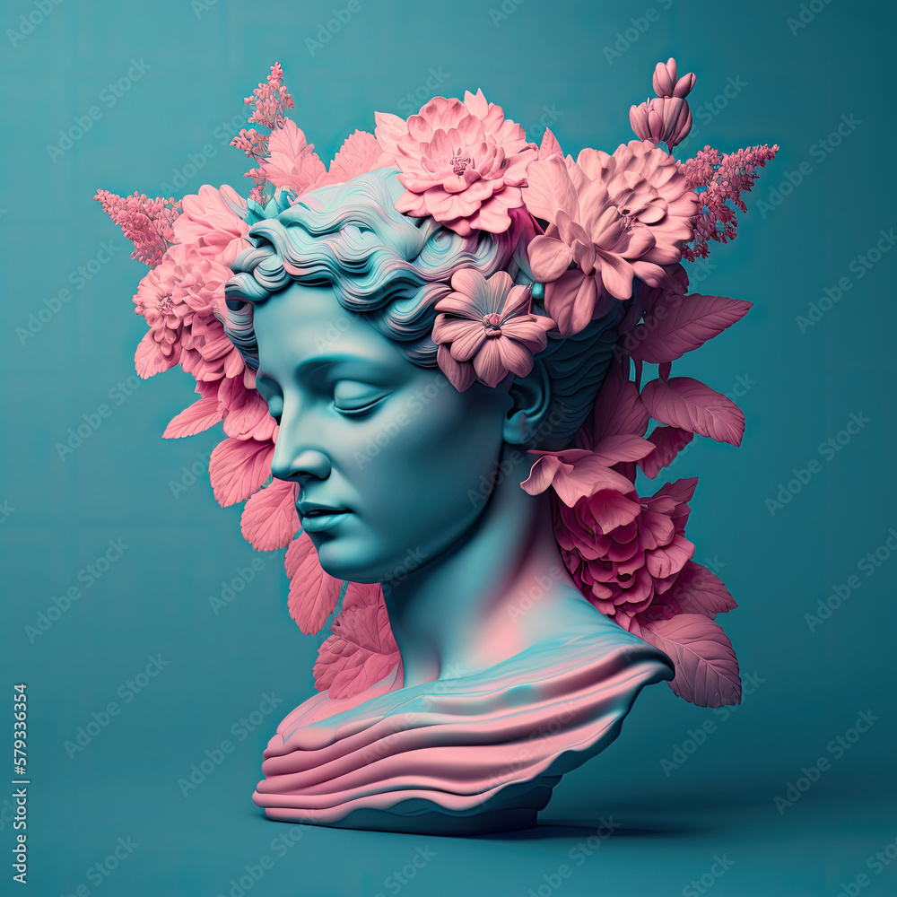 Modern concept art with roman statue and flower. Generative AI