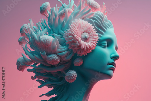 Modern concept art with roman statue and flower. Generative AI © Yulia Furman