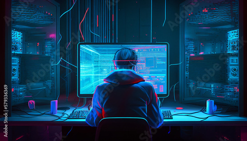 Male metaverse worker browsing the internet network in his workspace facing a virtual environment with big data and an artificial intelligence  computer Generative AI stock illustration