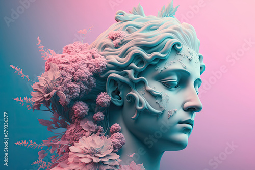 Modern concept art with roman statue and flower. Generative AI